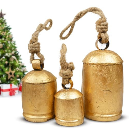 Medium Rustic Christmas Bell Set - Gold Harmony Cow Bells for Holiday Decor
