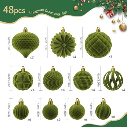 Velvet Christmas Ornaments Set 48pcs Green Shatterproof Holiday Decorations