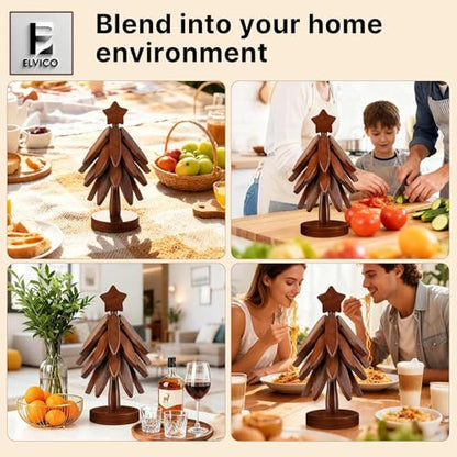 Wooden Tree Trivets Set of 4 with Stand - Heat-Resistant Kitchen Decor