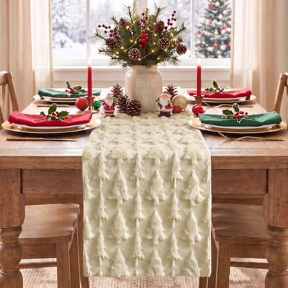 Beige Christmas Tree Table Runner 13x72 Inch Faux Fur Jacquard Holiday Decor
