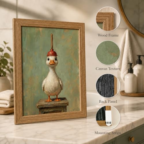 Framed Funny Bathroom Duck Wall Art - 8x10 Inch Canvas Decor - Duck with Toilet Plunger
