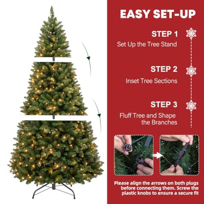 Green 7ft Prelit Artificial Christmas Tree with 300 Warm White LEDs - Hinged Design