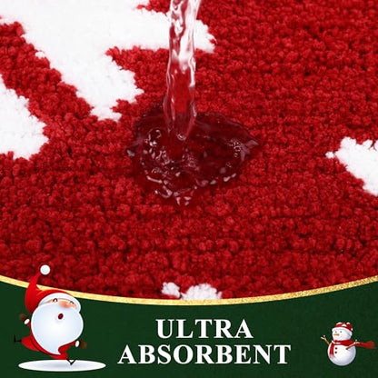 Christmas Bathroom Rugs Set 2 Piece Non Slip Microfiber Shaggy Snowflake Bath Mats - 18x26 + 18x48 Inches
