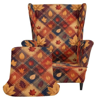 Fall Plaid Maple Leaves Wing Chair Cover 2-Piece Non-Slip Protector