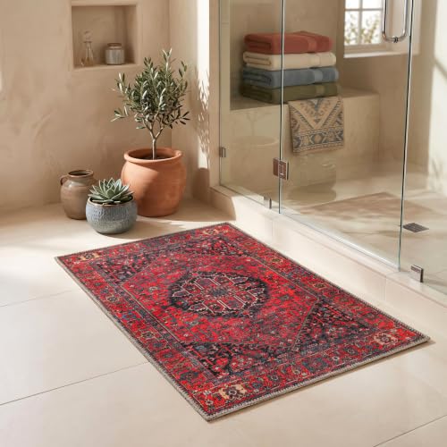 Aura Washable 2x3 Entryway Rug - Turkish Boho Burgundy Red Rust