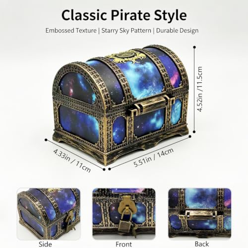 Starry Galaxy Treasure Chest with Lock and Key - Kids Pretend Play Storage Box, Classroom Prize Container