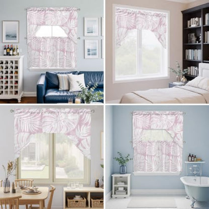 Pink Palm Leaves Swag Curtain Set 3 Pieces with Cherry Blossom Pink Variation