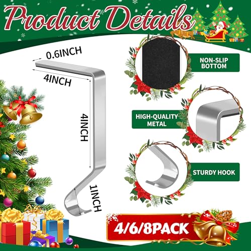 Christmas Stocking Holders Metal-Silver 4 Pack Fireplace Mantel Hangers