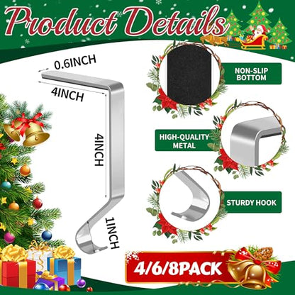Christmas Stocking Holders Metal-Silver 4 Pack Fireplace Mantel Hangers