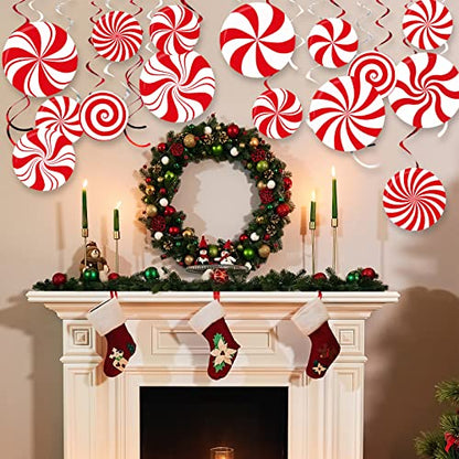 Christmas Peppermint Candy Hanging Decorations - Red & White Streamers, 54 Pcs Holiday Party Decor