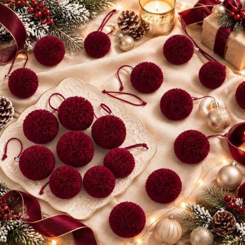 20 Pcs Burgundy Christmas Yarn Pom Poms - Fuzzy Holiday Decorations