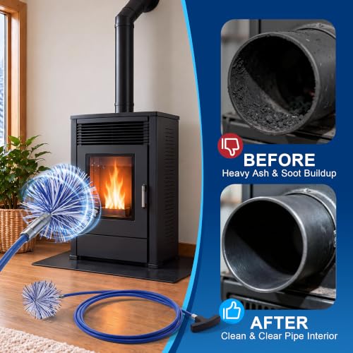 Pellet Stove Cleaning Brush Kit with 10 Ft Flexible Steel Rod & Blue 3-Inch Brush Head