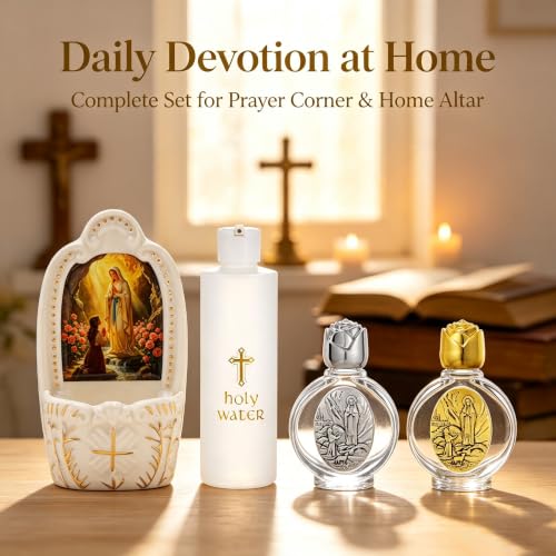 Catholic Holy Water Font Set with Bottles and Wall Mount