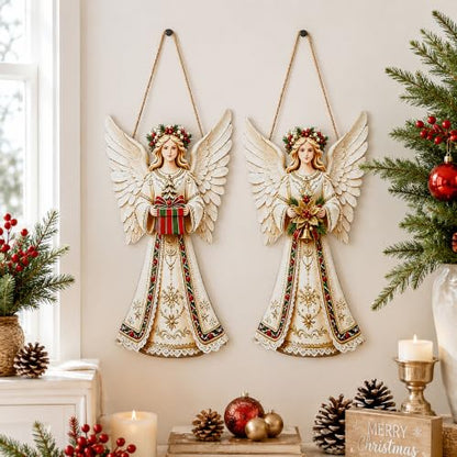 2Pcs Christmas Wooden Angel Door Sign - Foldable Holiday Hanging Decor - Angel Variation