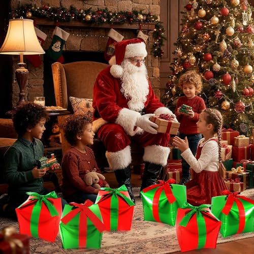 Christmas Gift Box Balloons Set - Red & Green Cube Foil Balloons with Ribbons