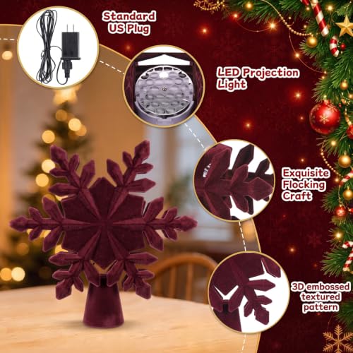 Burken Red Velvet Christmas Tree Topper with LED Snowflake Projector - Elegant Holiday Decor
