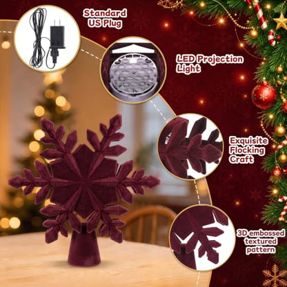 Burken Red Velvet Christmas Tree Topper with LED Snowflake Projector - Elegant Holiday Decor