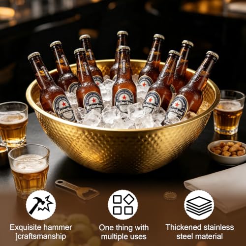 Gold Hammered Stainless Steel Beverage Tub Set - 2 Large 16.4 Qt Chiller Bins for Parties