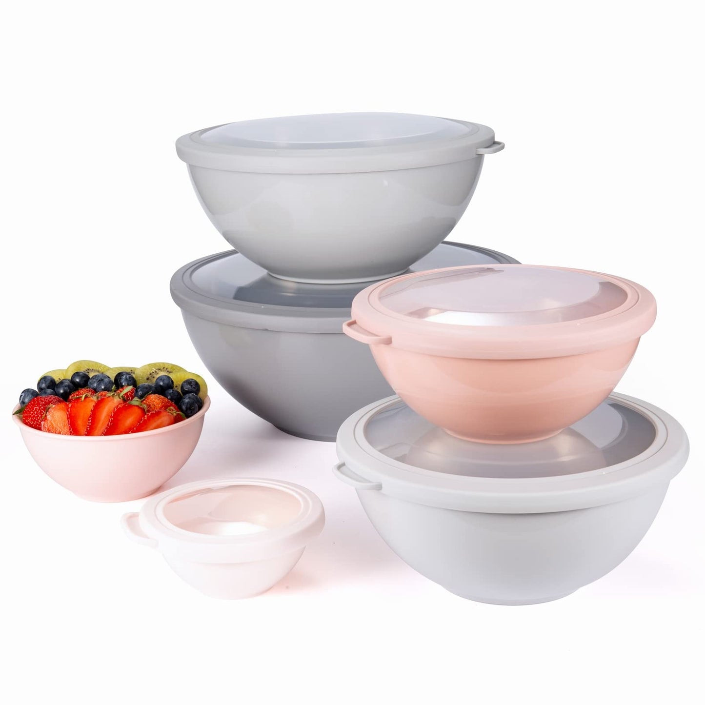 COOK WITH COLOR Mixing Bowls with TPR Lids - 12 Piece Plastic Nesting Bowls Set includes 6 Prep Bowls and 6 Lids, Microwave Safe Mixing Bowl Set (Pink Ombre)