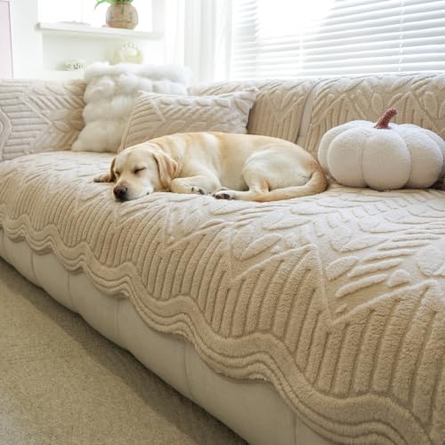 Khaki Plush Washable Couch Cover for Sofa 36x83 Inches, Geometric Jacquard Slipcover, Non-Slip Furniture Protector for Kids & Pets - 1PC