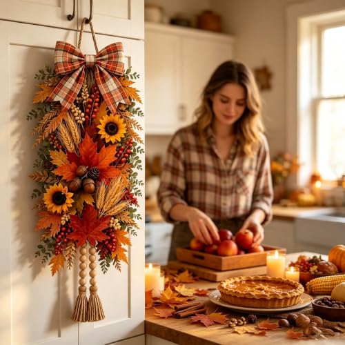 Rustic Wooden Fall Door Swag with Sunflowers, Maple Leaves & Acorns