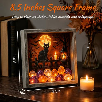 Lighted Shadow Box Frame DIY Craft Kit with LED, Rustic Wood, Sea Stones, Black Cat Halloween Decor