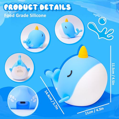Ammonite Blue Narwhal Night Light - Style B Soft Silicone Nursery Lamp with Dimming & Timer
