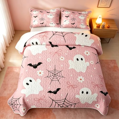 Bubblegum Pink Ghost Quilt Set King Size Halloween Bedding with Pillowcases