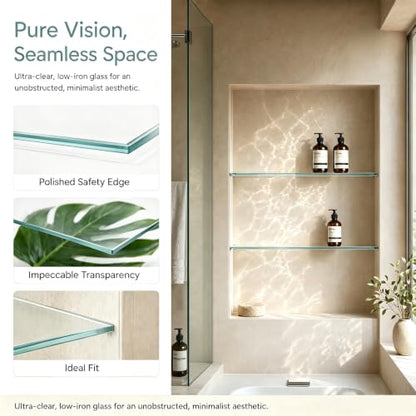 Clear Tempered Glass Bathroom Shelf 14" x 3-3/8" x 5/16" - Modern Shower Storage