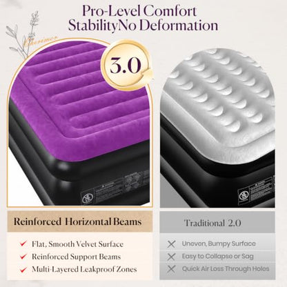 Full Air Mattress with Built-In Pump - 18 Inch Raised Support, Purple Flocked Surface