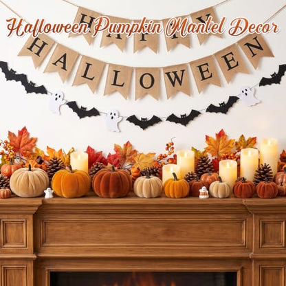Brown Fall Artificial Velvet Pumpkins Decor Set - 12 Mini Foam Pumpkins for Autumn Home Display
