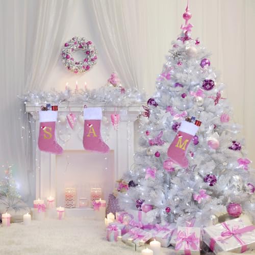 Pink Velvet Christmas Stocking with White Plush Cuff - Letter G Monogram, 20 Inch Holiday Decor
