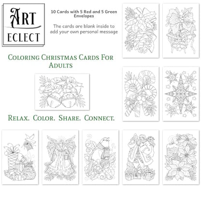 Adult Coloring Christmas Cards Set - Art Eclect 17B Holiday Greeting Cards