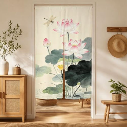 Japanese Noren Doorway Curtain Tapestry Lotus Design Green 33.5x59 Inches