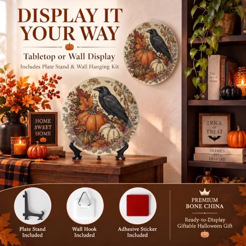 Halloween Decorative Plates Autumn Crow & Pumpkin 8 Inch - Bone China Wall & Table Decor