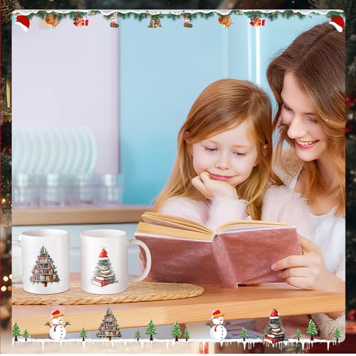 Book Lover Coffee Mug Set - 4 Pack Ceramic Bookworm Cups with Christmas Tree Design