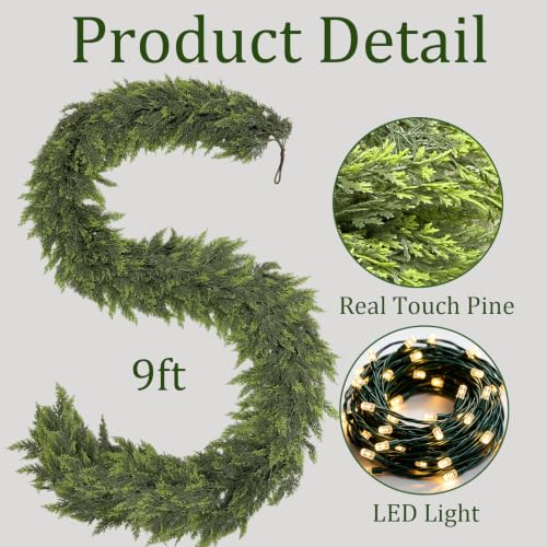 9Ft Real Touch Cedar Garland with Lights - Green, Indoor Outdoor Decor