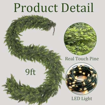 9Ft Real Touch Cedar Garland with Lights - Green, Indoor Outdoor Decor