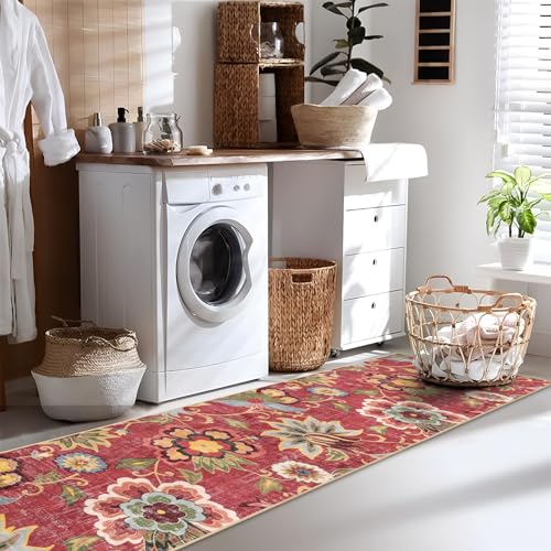 Beeiva Floral Runner Rug Non Slip 2.5x12 Feet Vintage Red Floor Runner
