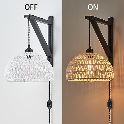 KAMTAT Boho Rattan Plug in Wall Sconces White Hand Woven Wall Lamp with Plug in Cord Rattan Wall Lights Wall Sconce Wall Mounted Light Boho Wall Lighting for Bedroom Living Room(1PK)