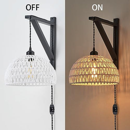 KAMTAT Boho Rattan Plug in Wall Sconces White Hand Woven Wall Lamp with Plug in Cord Rattan Wall Lights Wall Sconce Wall Mounted Light Boho Wall Lighting for Bedroom Living Room(1PK)