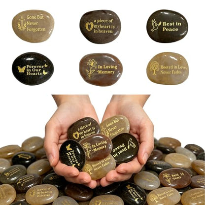 60 Pcs Memorial Stones for Loved Ones - Natural River Rocks with Heartfelt Inscriptions