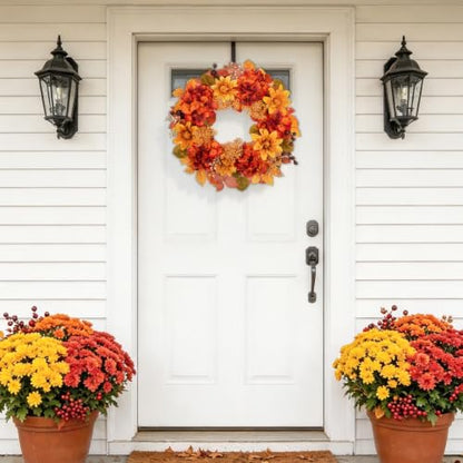 20 Inch Fall Orange Wreath with Red & Orange Accents for Front Door - Autumn Decor