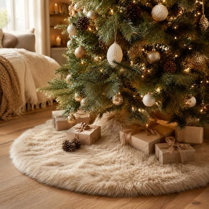 48 Inch Beige Faux Fur Christmas Tree Skirt - Holiday Decor for Xmas Tree