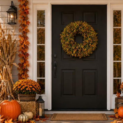 Boxwood Fall Wreath for Front Door - 24in Artificial Autumn Decor, Farmhouse Outdoor Seasonal Decoration