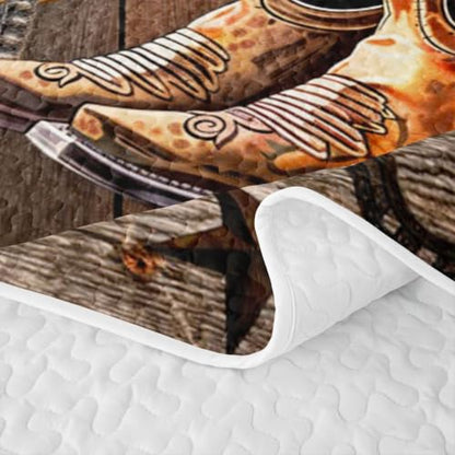 Western Cowboy Quilt Set Queen with Boots Hat Horseshoe Design - Grey Brown
