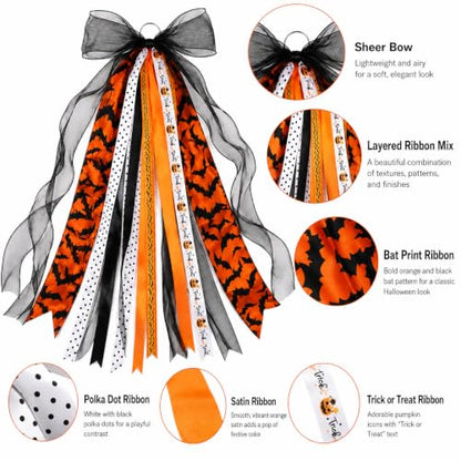 Halloween Wreath Sash with Bat Streamers Front Door Ribbon Bow - Variation of Halloween-2