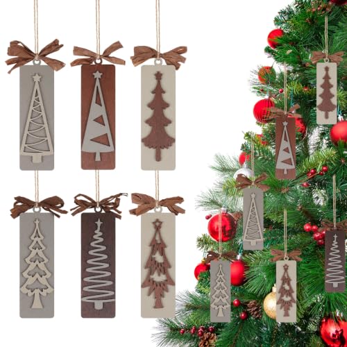 Rustic Wooden Christmas Tree Ornaments Set with Bows - Farmhouse Holiday Decor