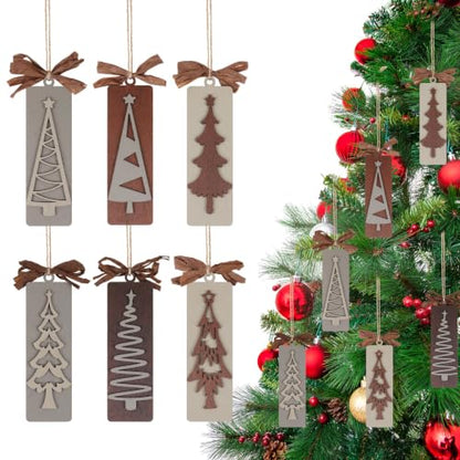Rustic Wooden Christmas Tree Ornaments Set with Bows - Farmhouse Holiday Decor