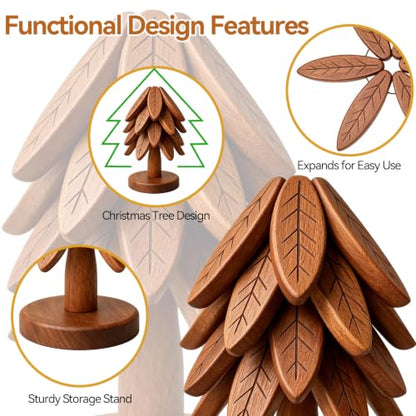 Brown Wooden Christmas Tree Trivet Set - Stackable Hot Dish Protectors